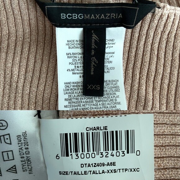 BCBGMaxAzria Charlie Ribbed Long Sleeve High Neck Blouse Top Blush XXS - Picture 4 of 15